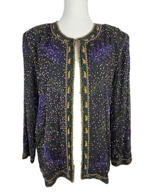 Vintage Laurence Kazar Silk Embellished Black Beaded Open-Front Jacket